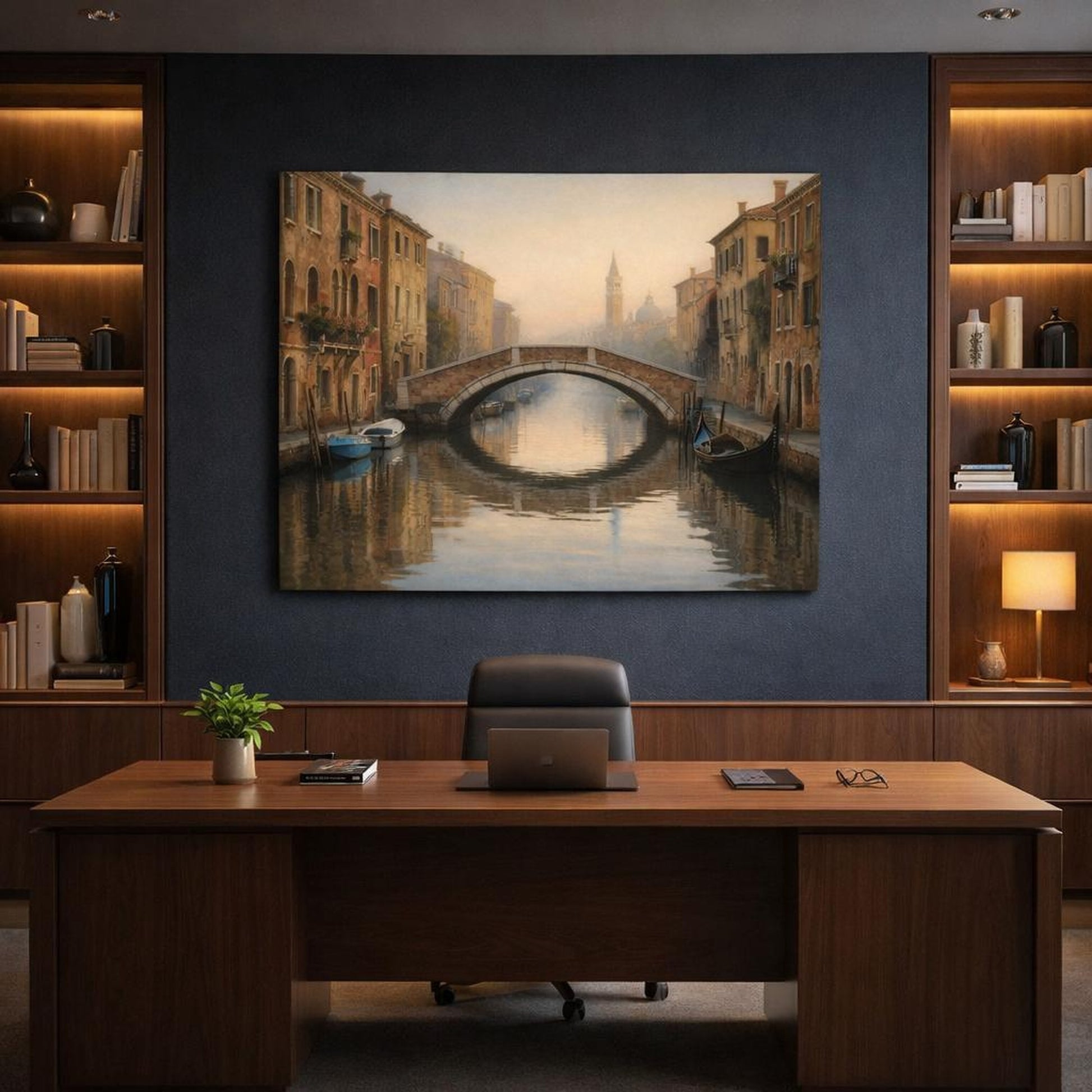 Refined Texture Canal Reflection shown as canvas wall art in a refined dining room