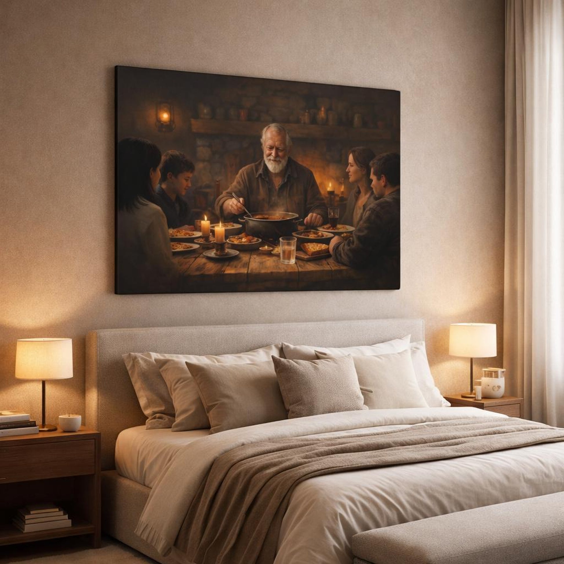 Refined Texture Dinner Time shown as canvas wall art in a luxury bedroom