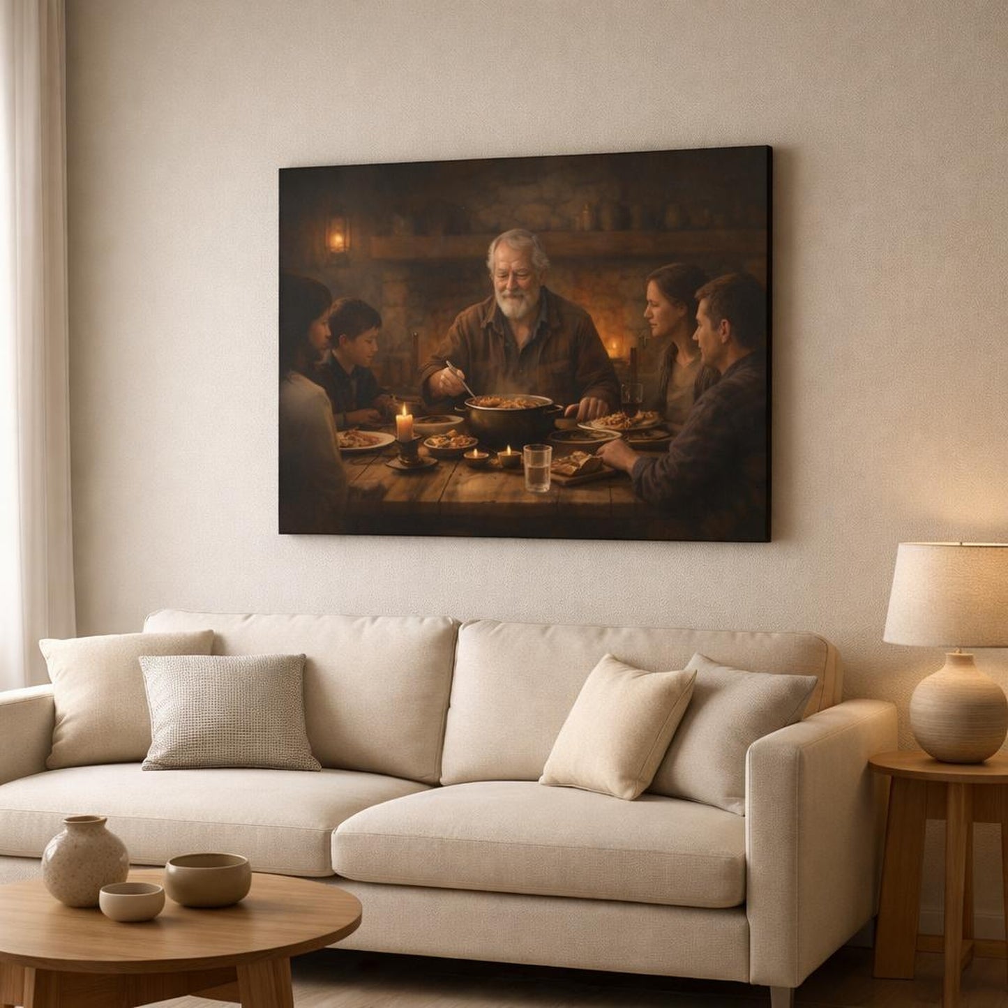 Refined Texture Dinner Time shown as canvas wall art in a modern living room