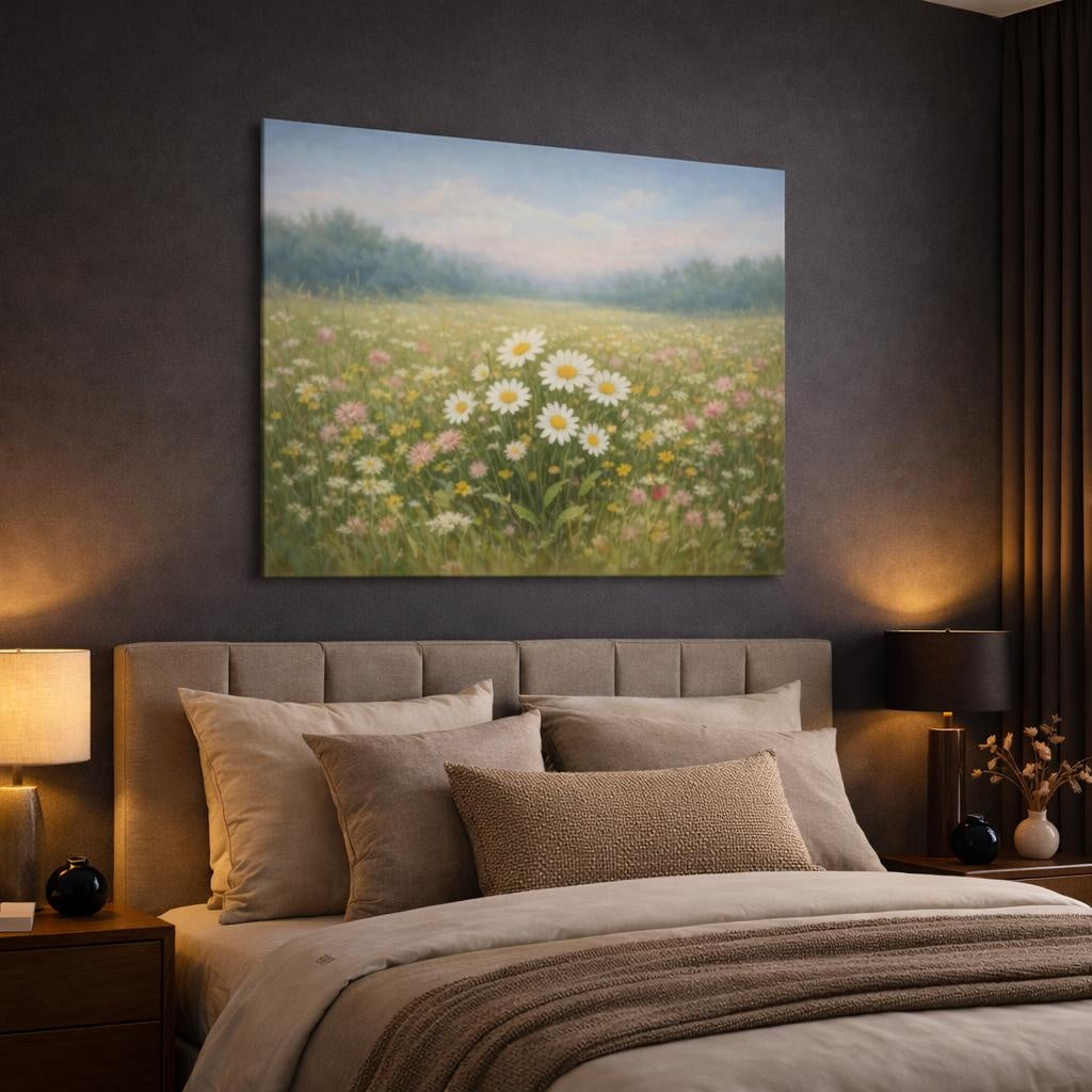 Refined Texture Floral Meadow shown as canvas wall art in a luxury bedroom