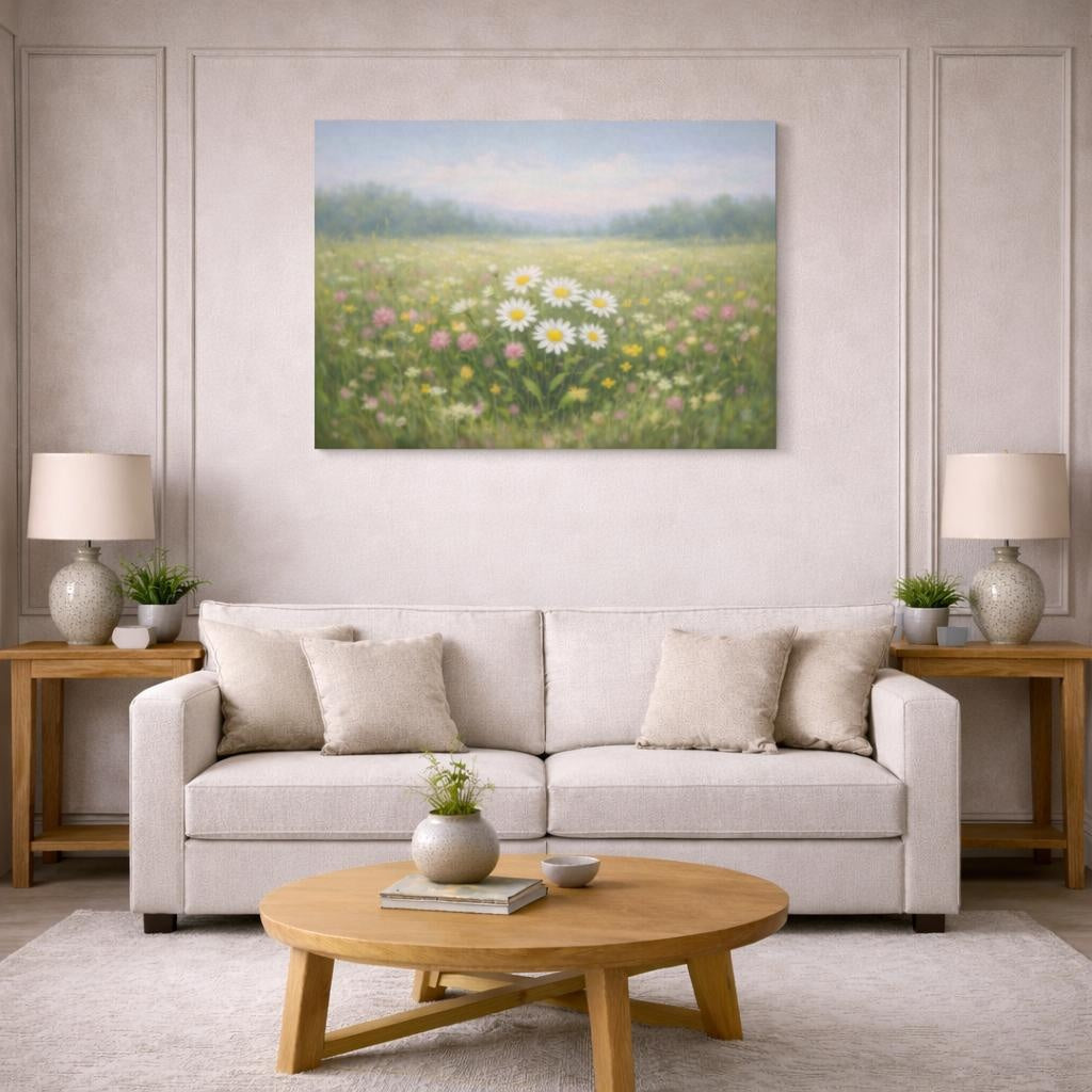 Refined Texture Floral Meadow shown as canvas wall art in a modern living room