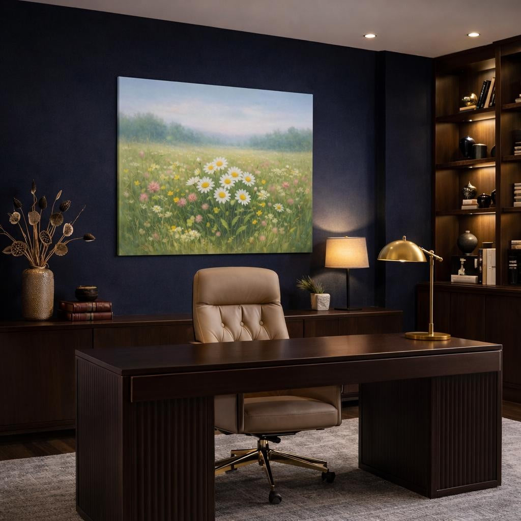 Refined Texture Floral Meadow shown as canvas wall art in a refined dining room