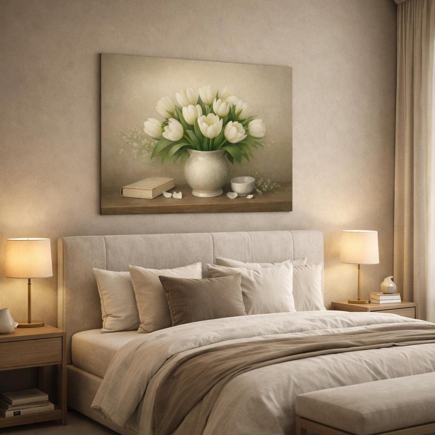 Refined Texture Flowers Tulips shown as canvas wall art in a luxury bedroom
