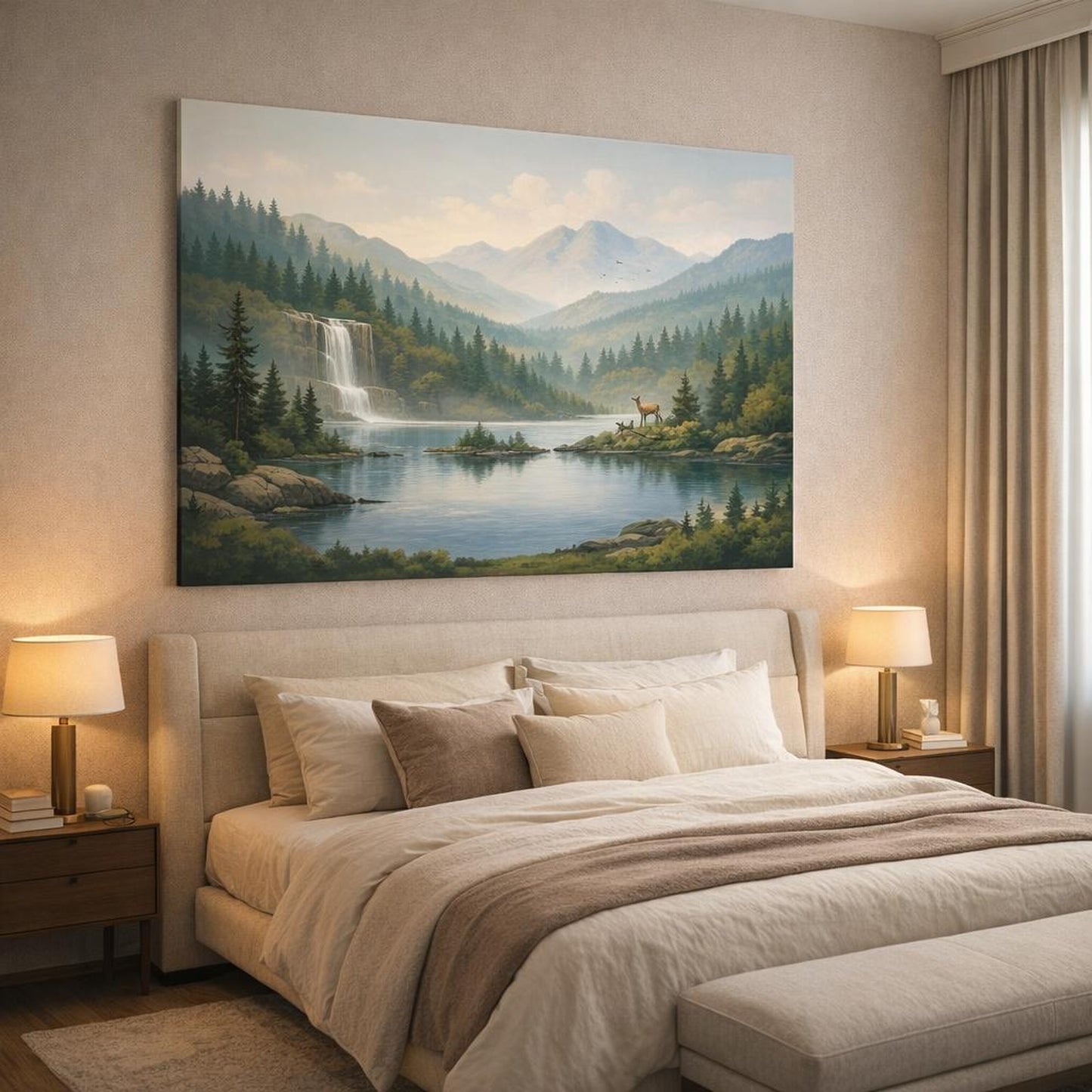 Refined Texture Forest Serene shown as canvas wall art in a luxury bedroom