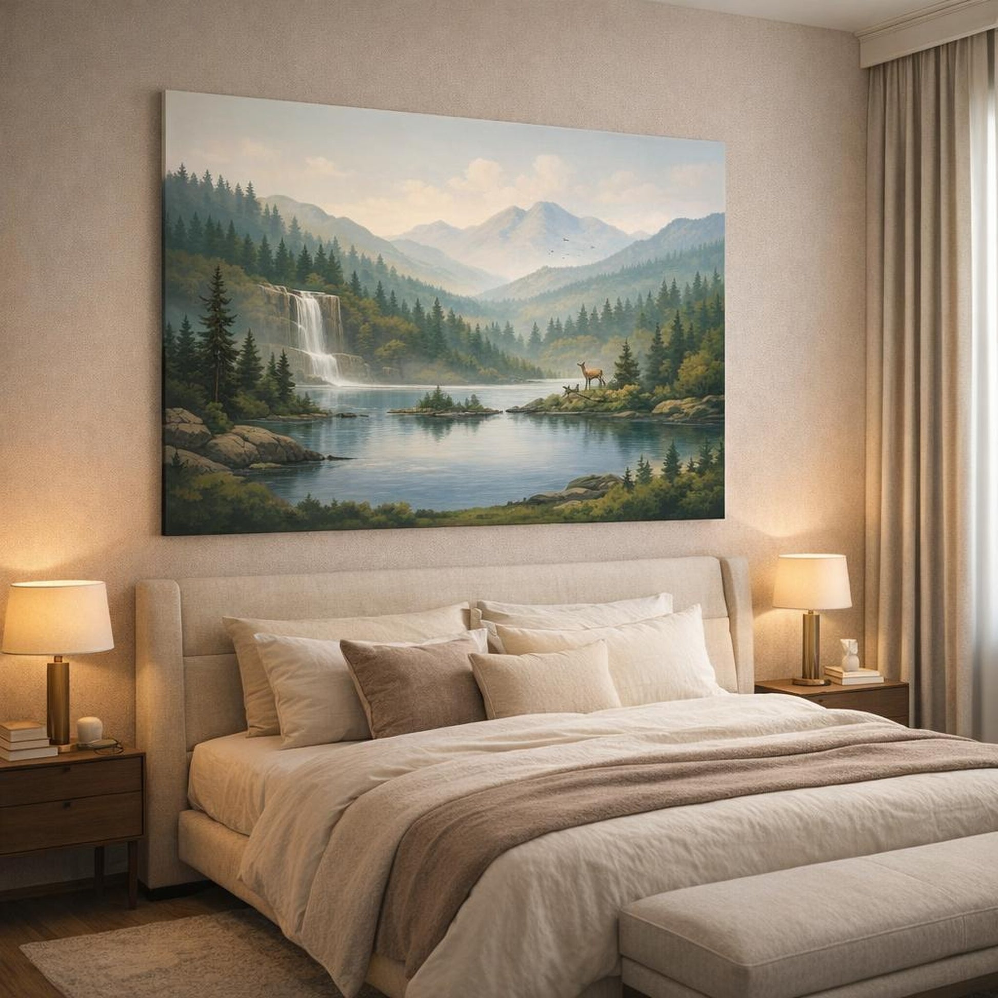 Refined Texture Forest Serene shown as canvas wall art in a luxury bedroom