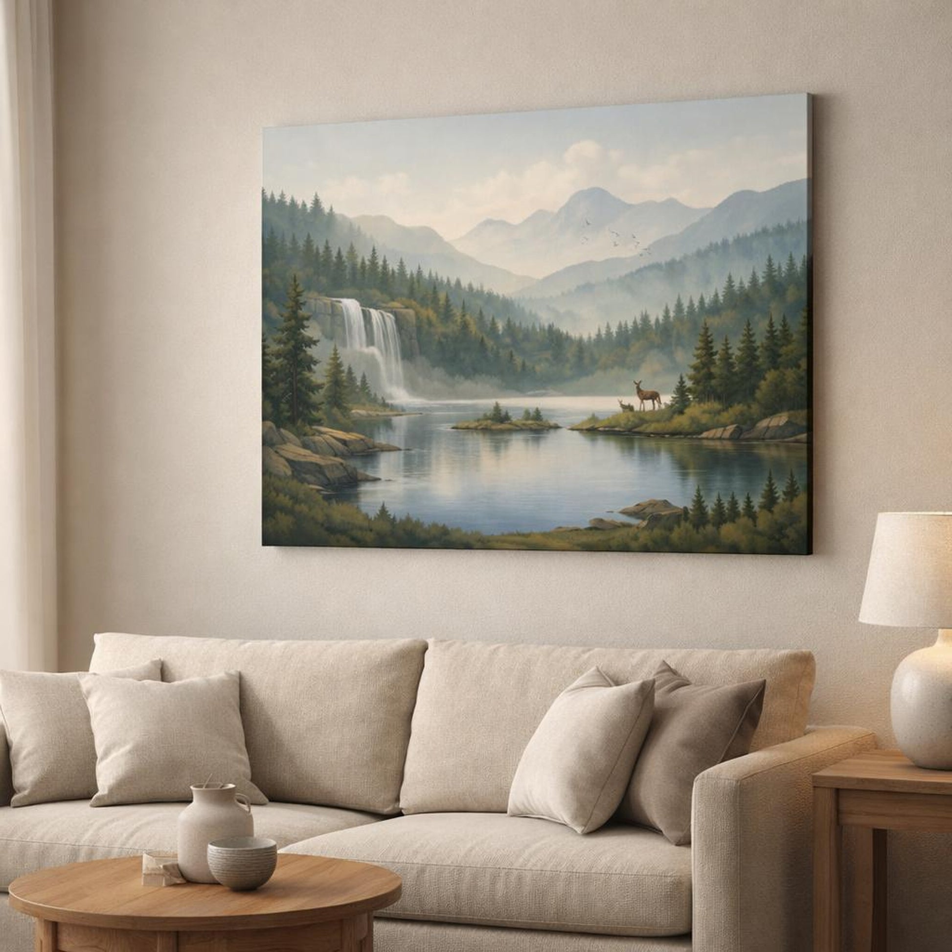 Refined Texture Forest Serene shown as canvas wall art in a modern living room