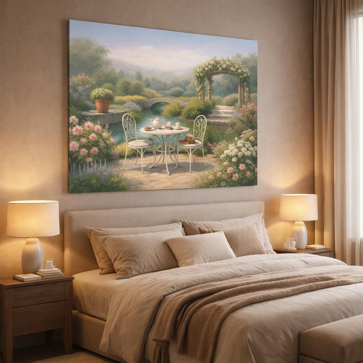 Refined Texture Garden Serene shown as canvas wall art in a luxury bedroom