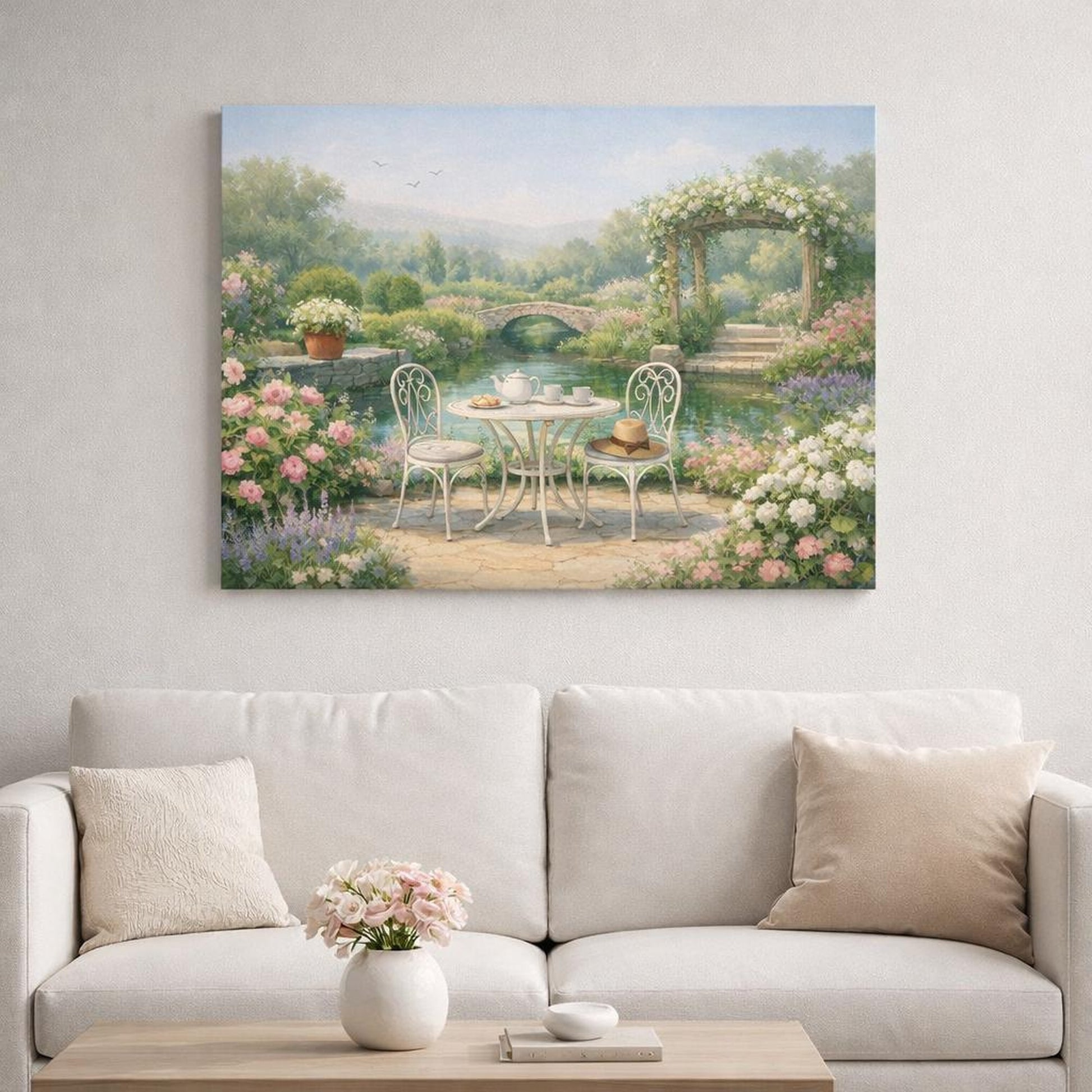 Refined Texture Garden Serene shown as canvas wall art in a refined dining room