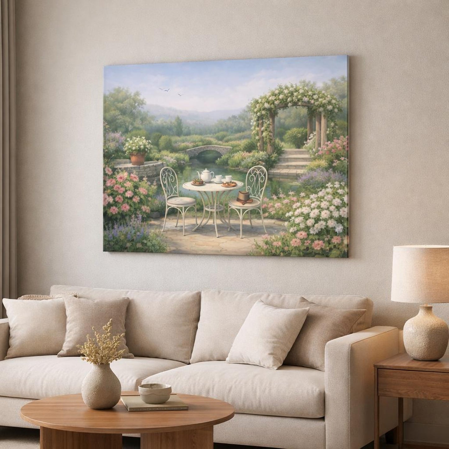 Refined Texture Garden Serene shown as canvas wall art in a modern living room