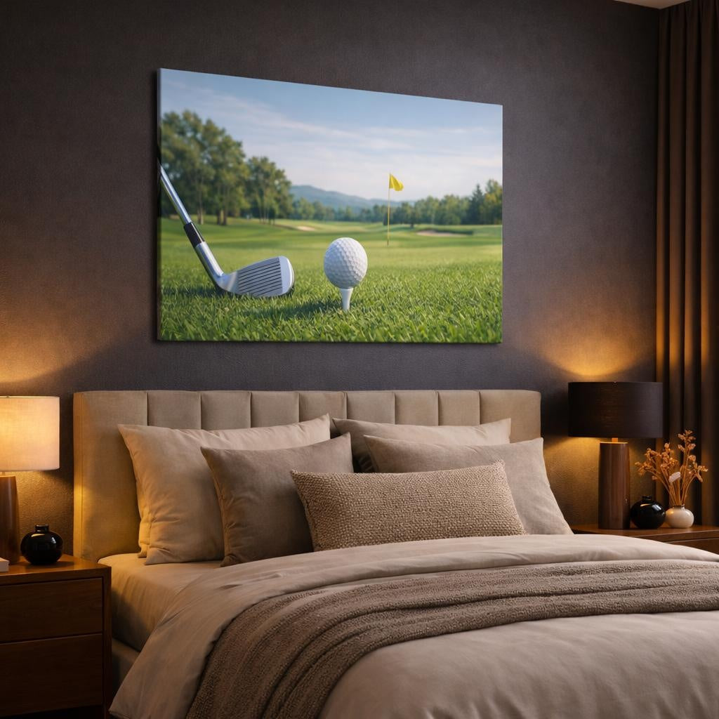 Refined Texture Golf shown as canvas wall art in a luxury bedroom