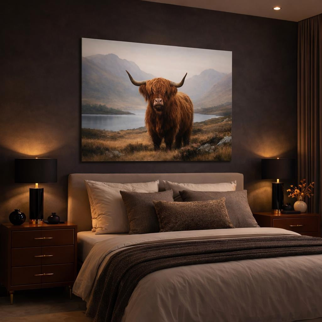 Refined Texture Highland Cow shown as canvas wall art in a luxury bedroom