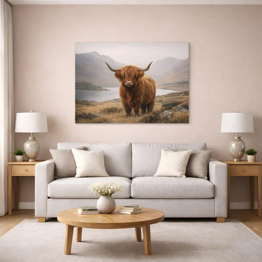 Refined Texture Highland Cow shown as canvas wall art in a modern living room