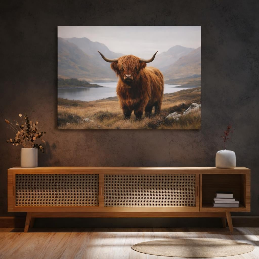 Refined Texture Highland Cow shown as canvas wall art in a refined dining room