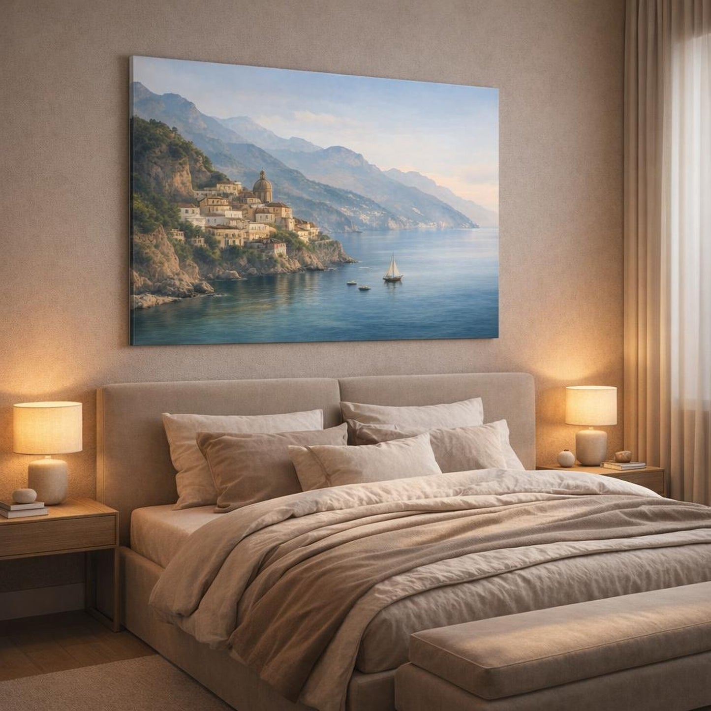 Refined Texture Italian Coast shown as canvas wall art in a luxury bedroom