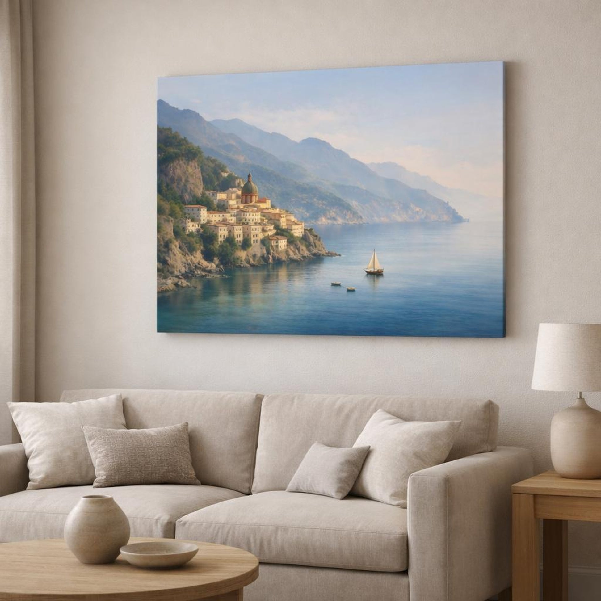 Refined Texture Italian Coast shown as canvas wall art in a modern living room