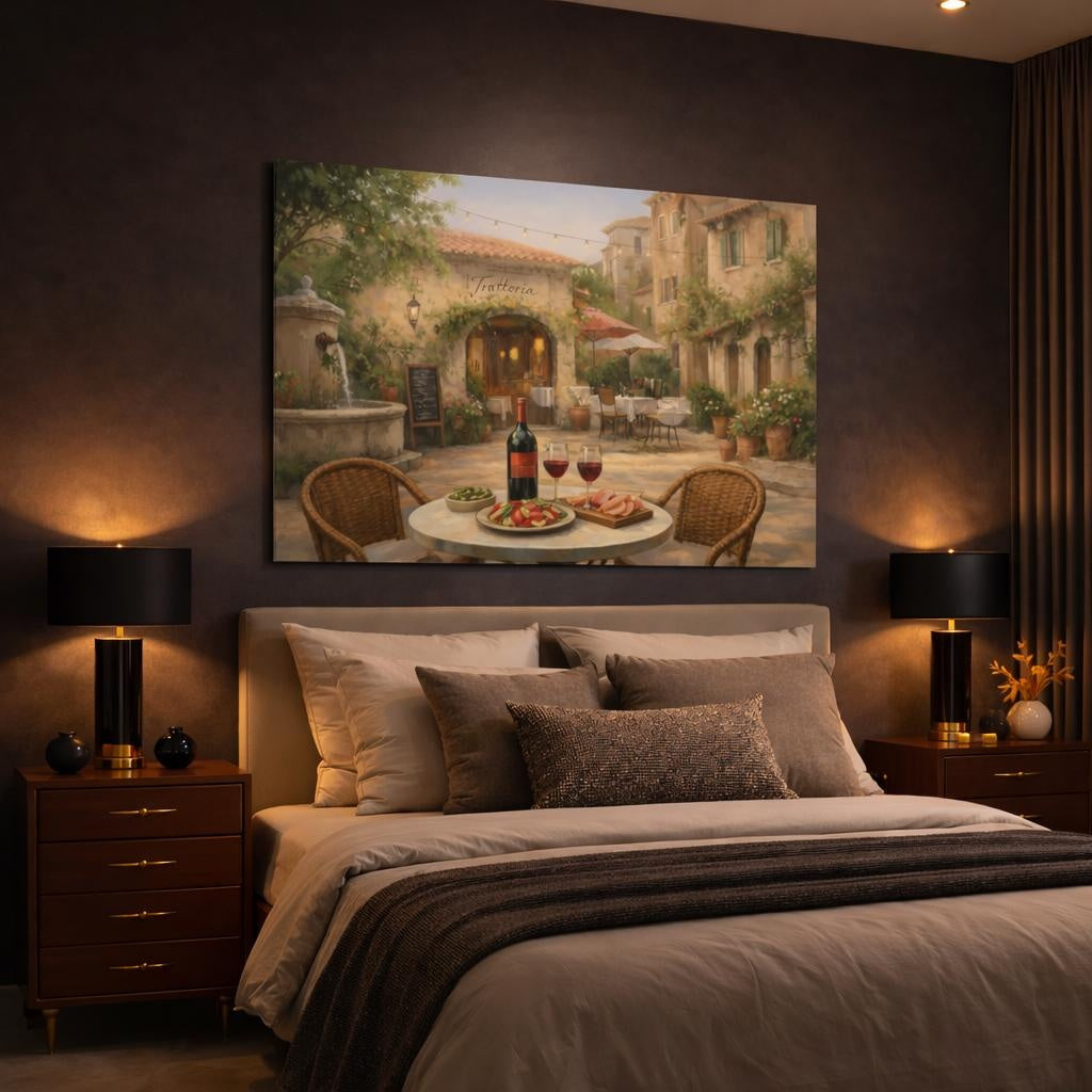 Refined Texture Italian Courtyard Cafe shown as canvas wall art in a luxury bedroom