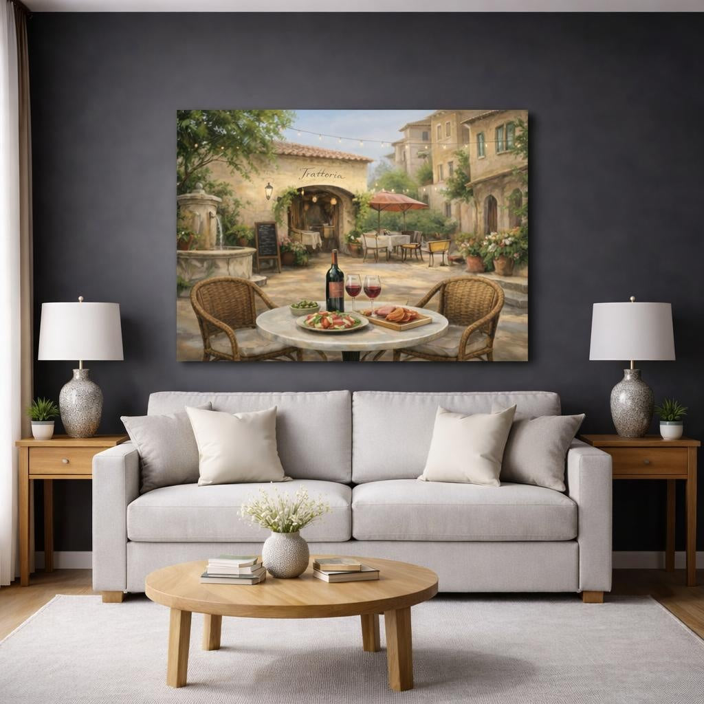 Refined Texture Italian Courtyard Cafe shown as canvas wall art in a modern living room