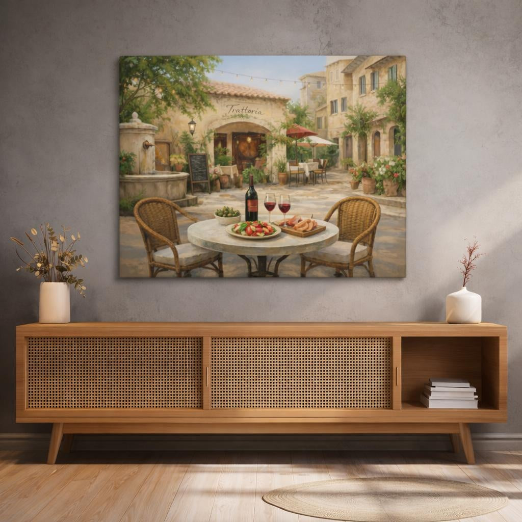 Refined Texture Italian Courtyard Cafe shown as canvas wall art in a refined dining room