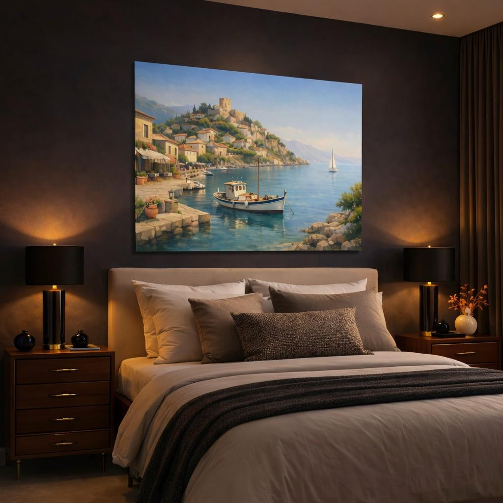 Refined Texture Mediterranean Harbor View shown as canvas wall art in a luxury bedroom