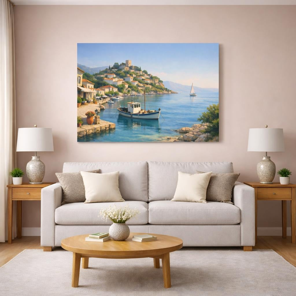 Refined Texture Mediterranean Harbor View shown as canvas wall art in a modern living room
