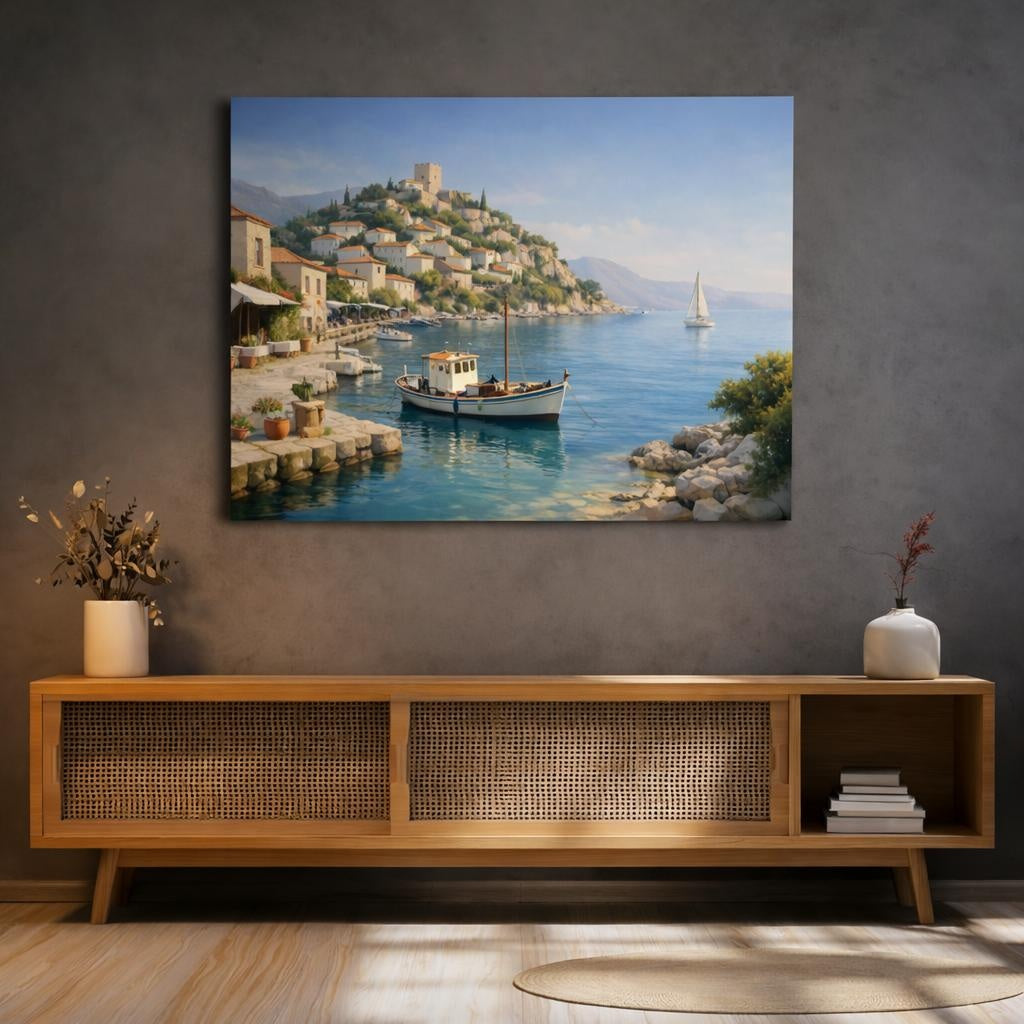 Refined Texture Mediterranean Harbor View shown as canvas wall art in a refined dining room