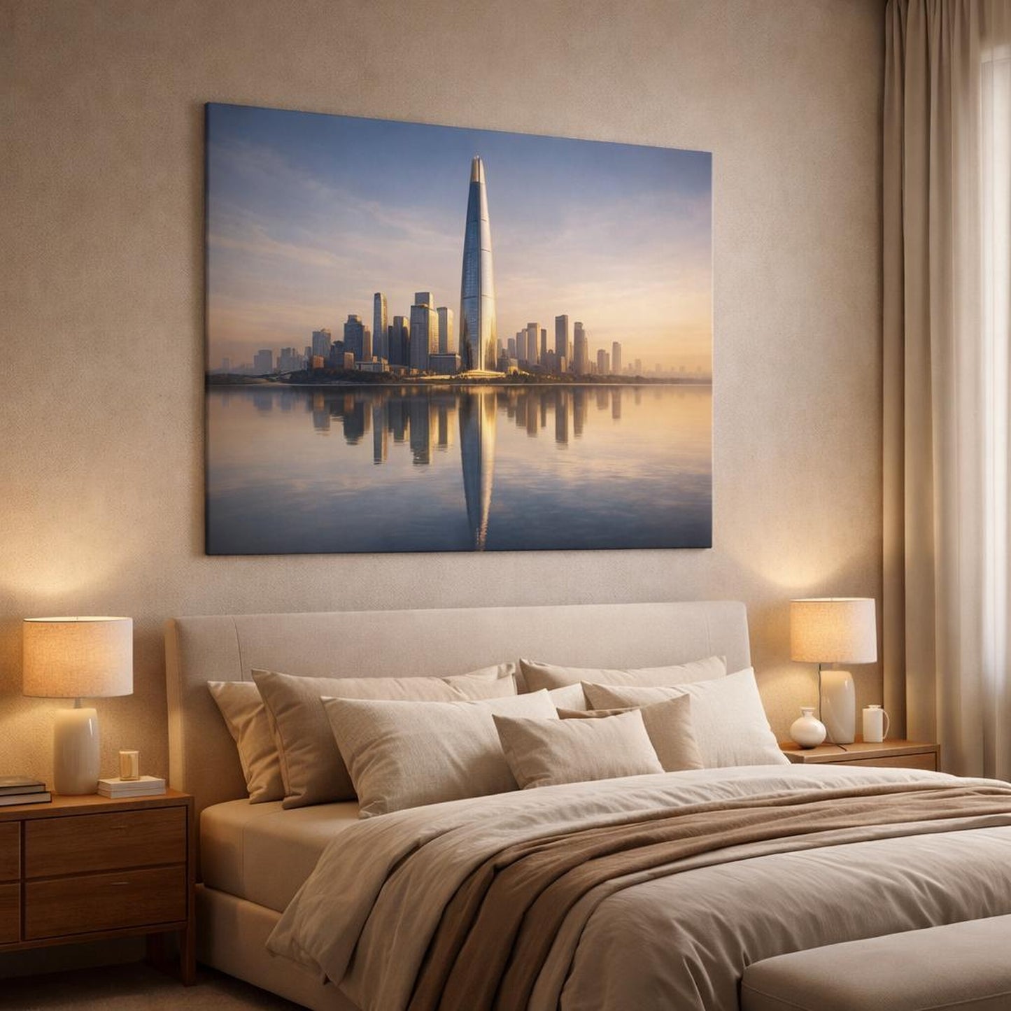 Refined Texture Neutral City Reflection shown as canvas wall art in a luxury bedroom