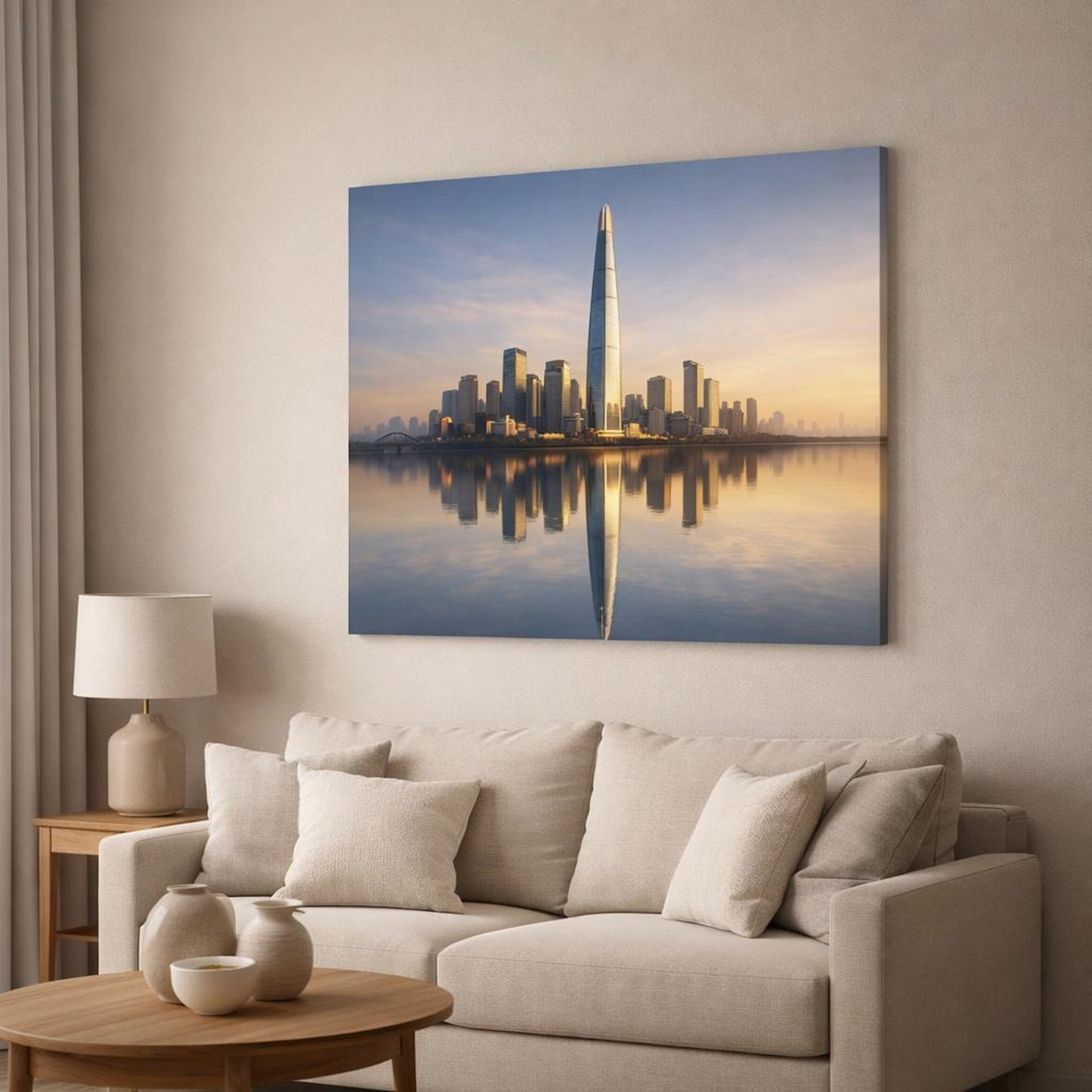 Refined Texture Neutral City Reflection shown as canvas wall art in a modern living room