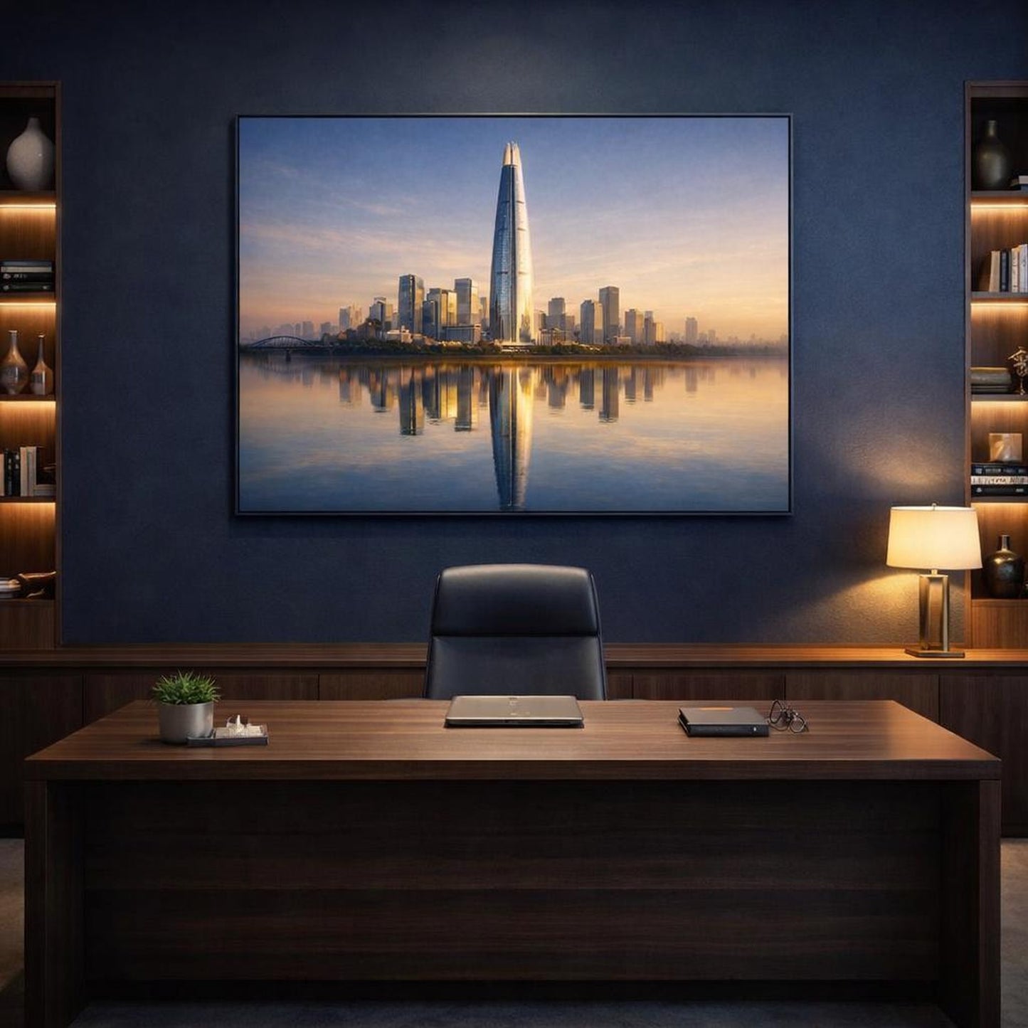 Refined Texture Neutral City Reflection shown as canvas wall art in a refined dining room