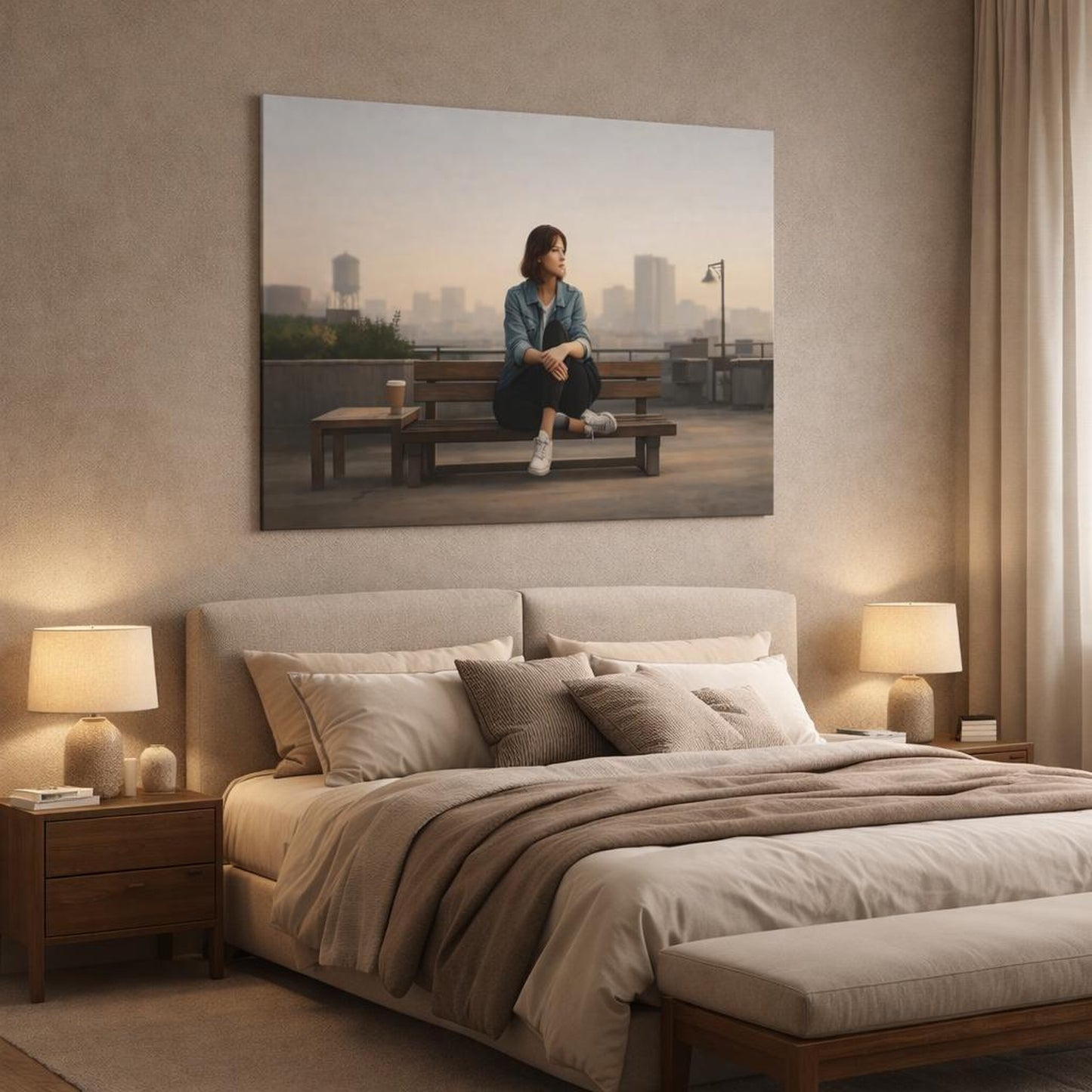 Refined Texture Neutral Urban Composition shown as canvas wall art in a luxury bedroom