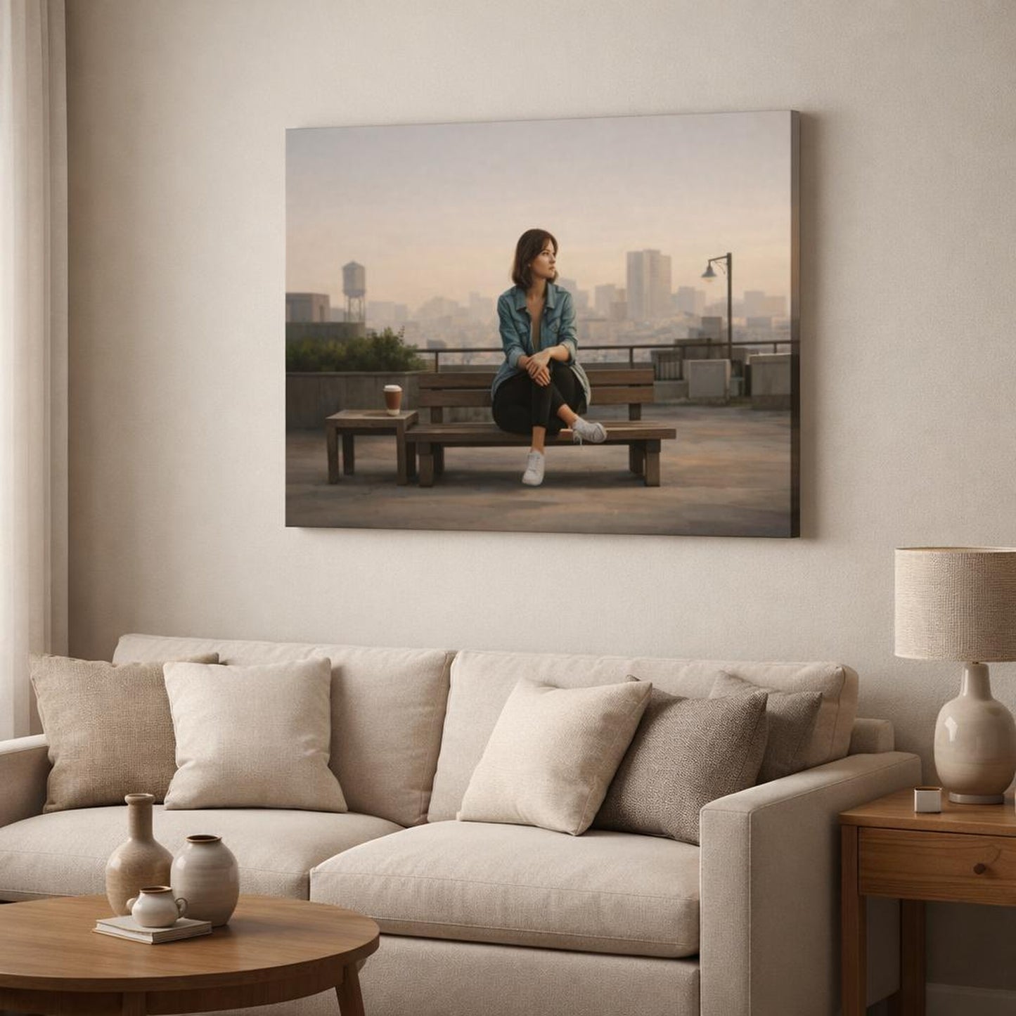 Refined Texture Neutral Urban Composition shown as canvas wall art in a modern living room