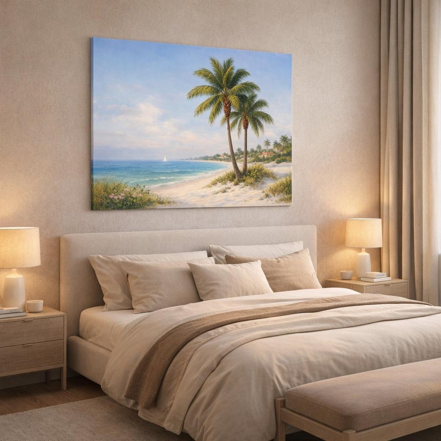 Refined Texture Palm Beach shown as canvas wall art in a luxury bedroom