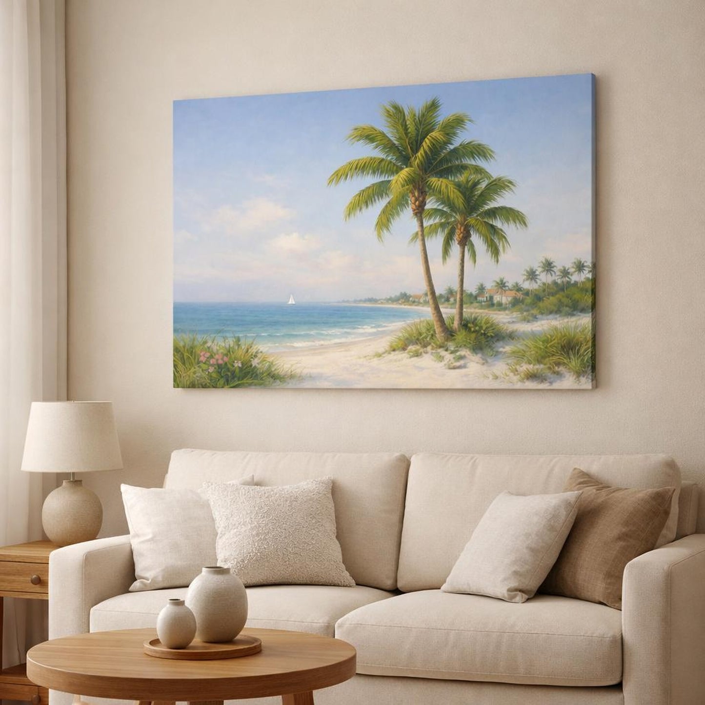 Refined Texture Palm Beach shown as canvas wall art in a modern living room