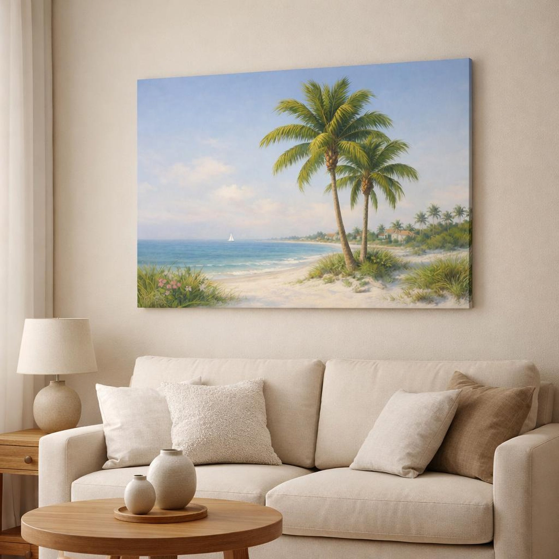 Refined Texture Palm Beach shown as canvas wall art in a modern living room