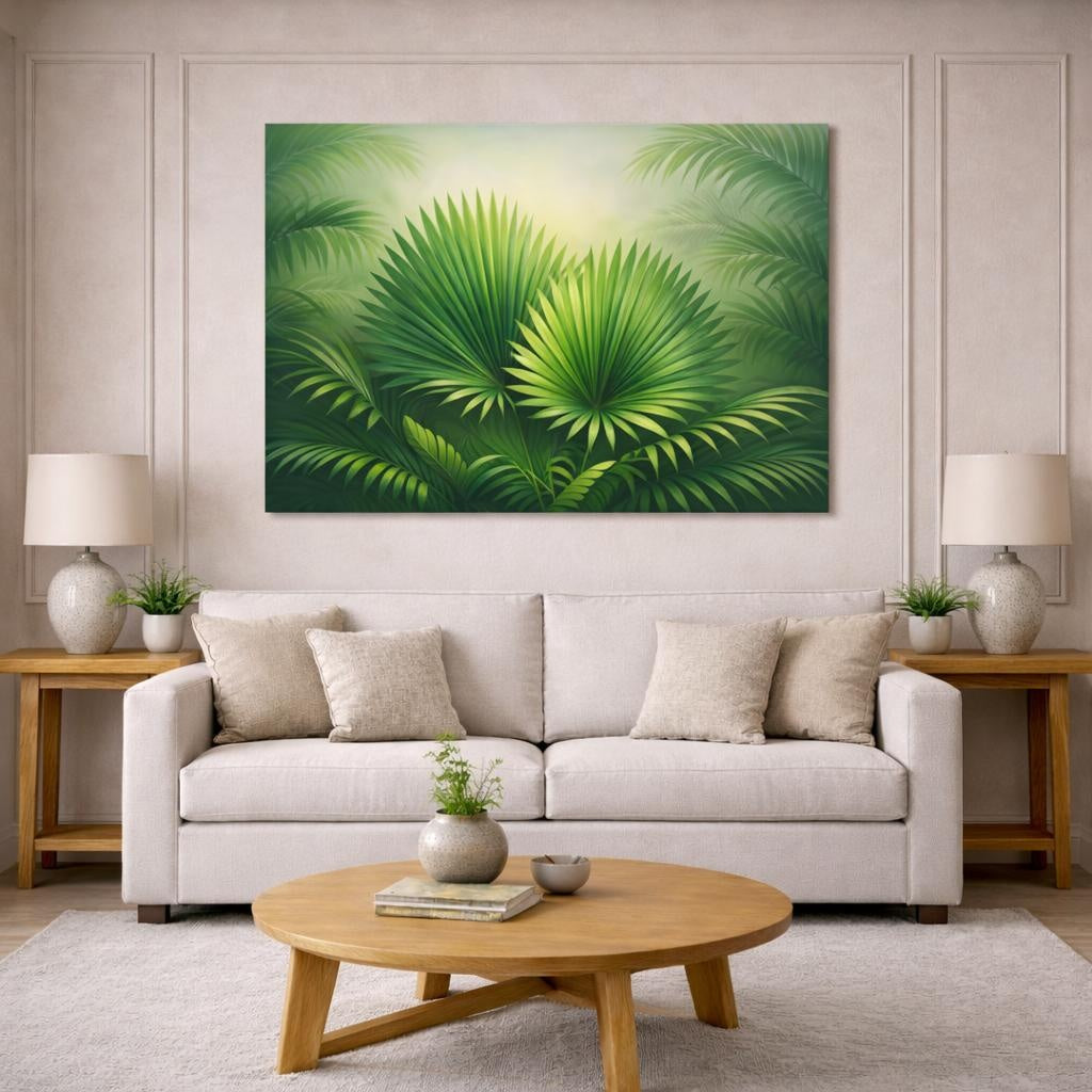 Refined Texture Palm Leaves shown as canvas wall art in a modern living room