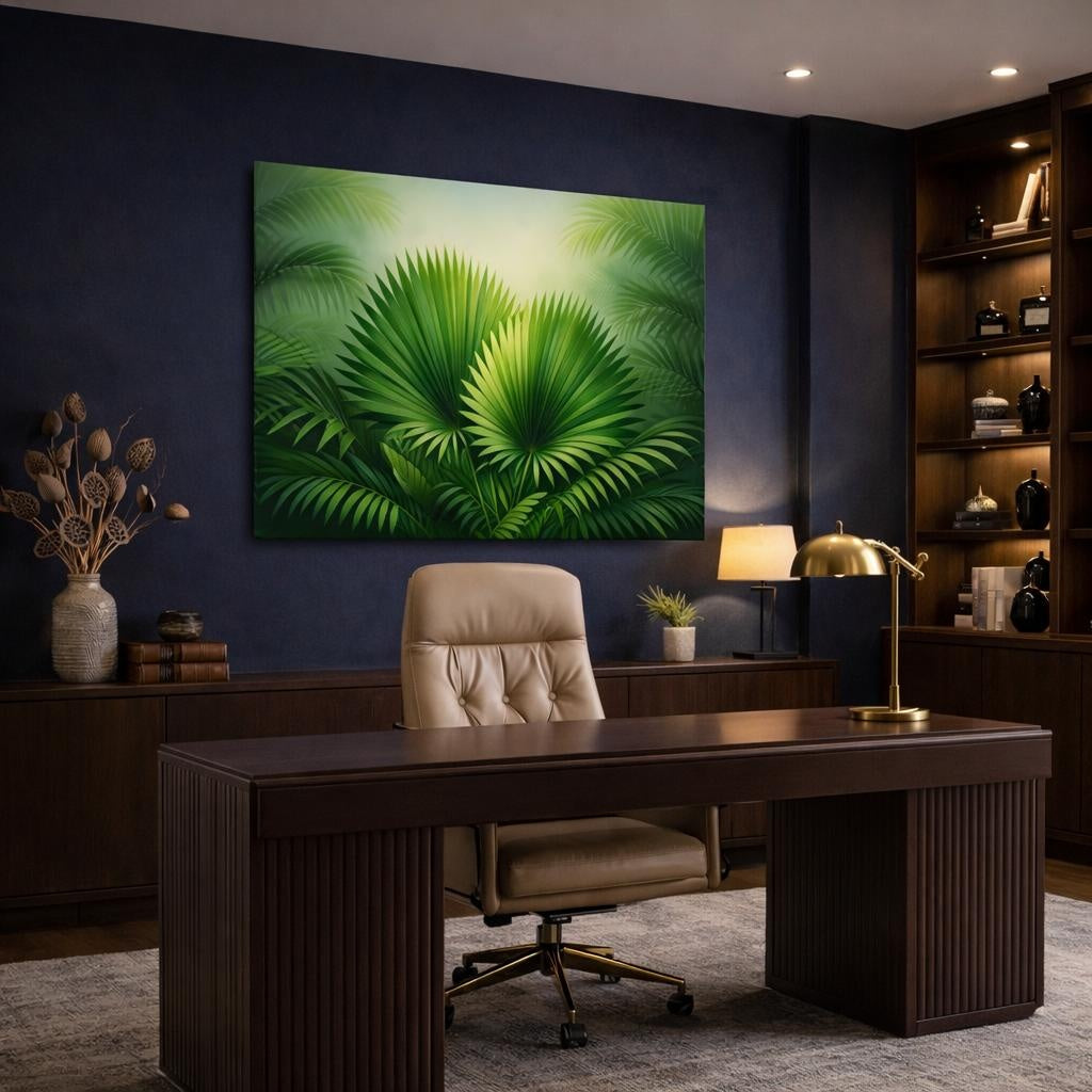 Refined Texture Palm Leaves shown as canvas wall art in a refined dining room