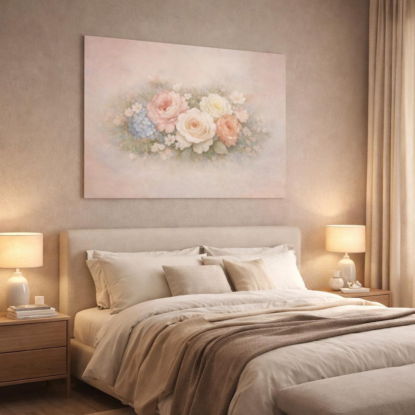 Refined Texture Pastel Flowers shown as canvas wall art in a luxury bedroom