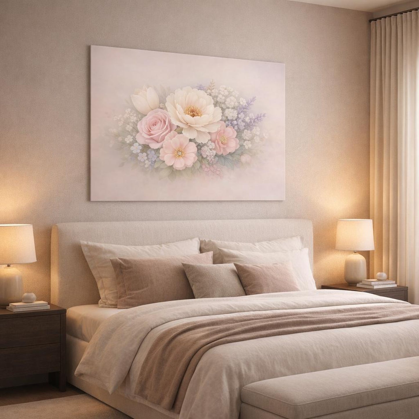 Refined Texture Pastel Flowers shown as canvas wall art in a luxury bedroom