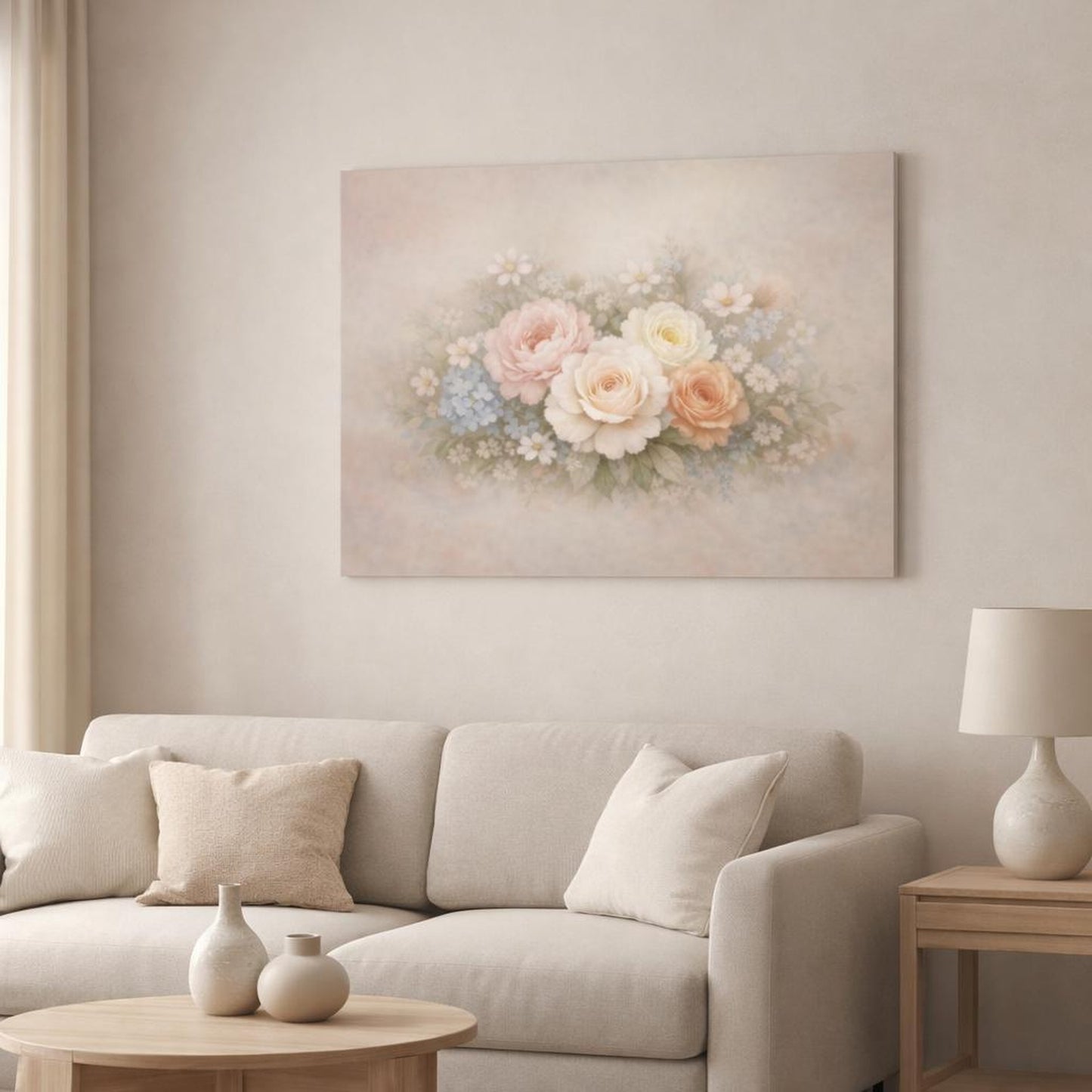 Refined Texture Pastel Flowers shown as canvas wall art in a modern living room