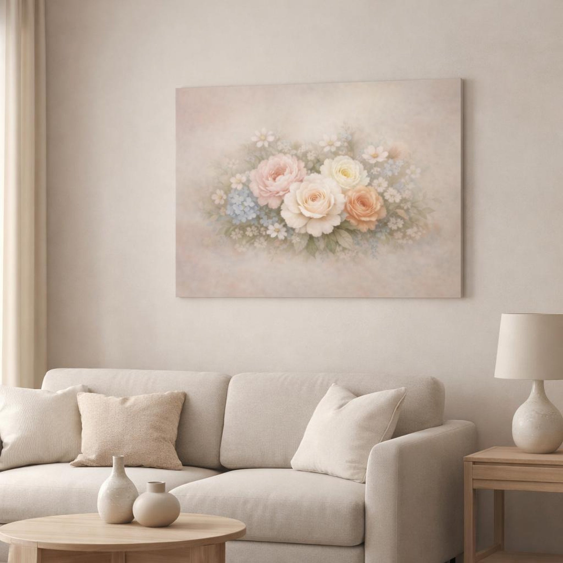 Refined Texture Pastel Flowers shown as canvas wall art in a modern living room