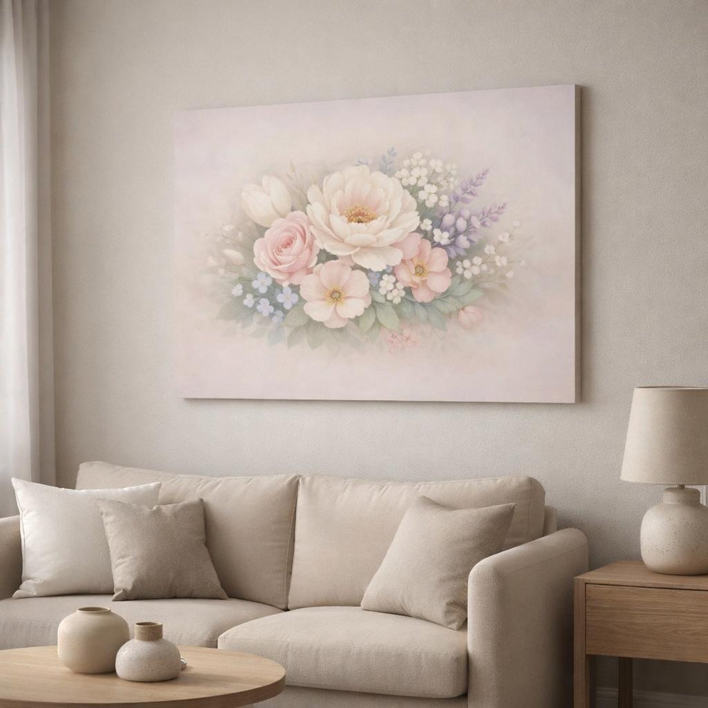 Refined Texture Pastel Flowers shown as canvas wall art in a modern living room