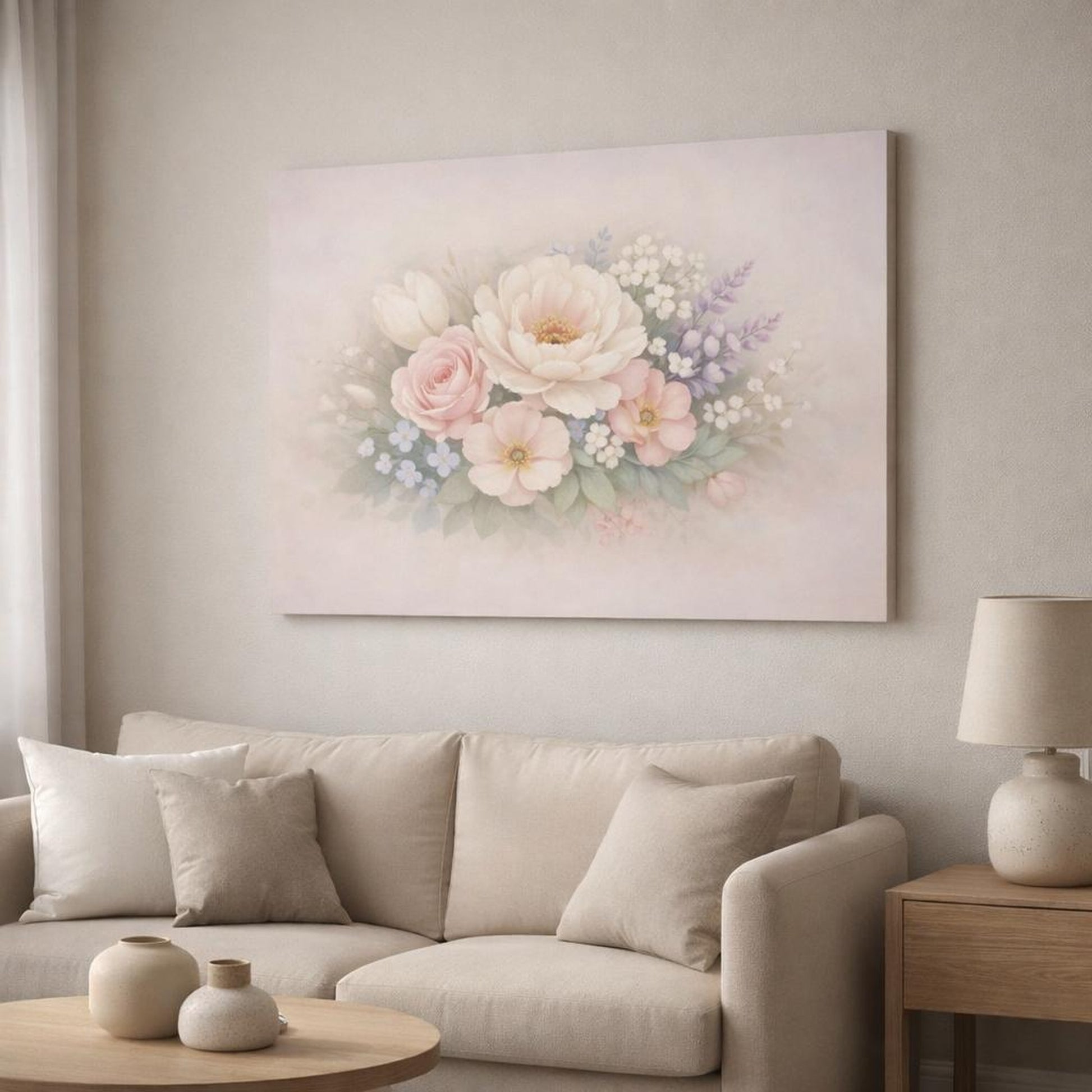 Refined Texture Pastel Flowers shown as canvas wall art in a modern living room