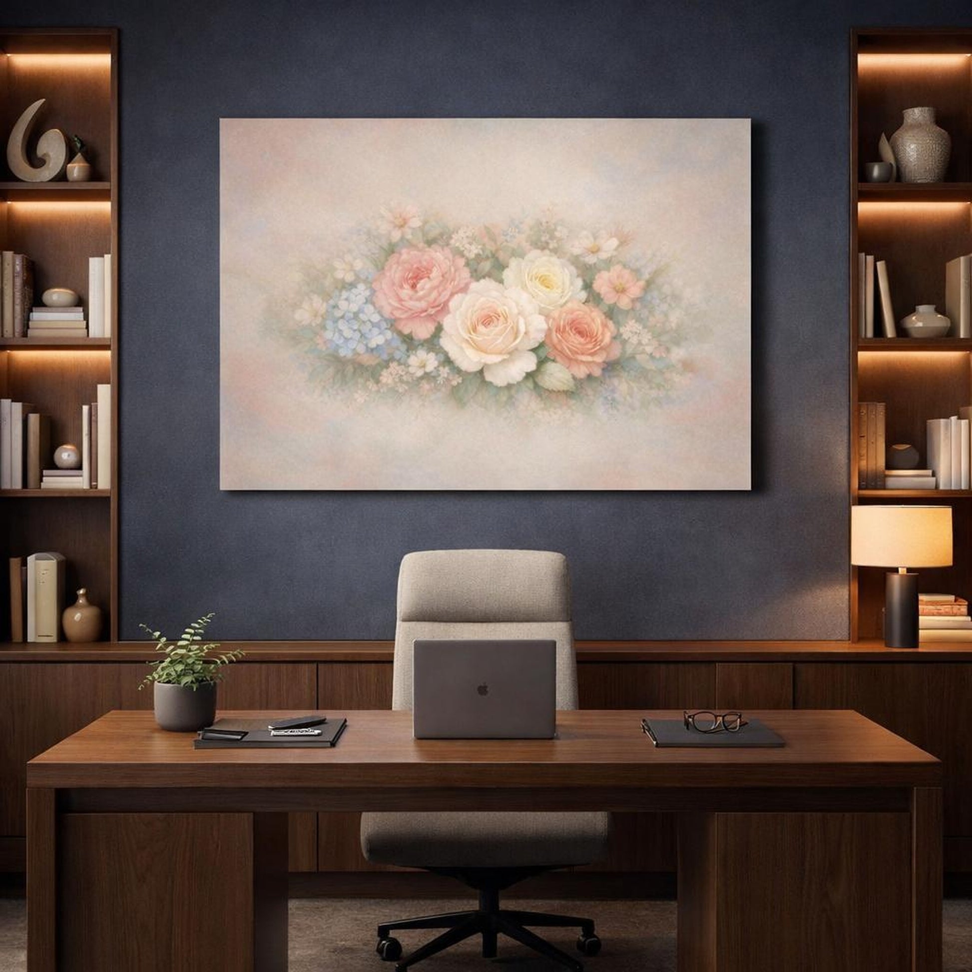 Refined Texture Pastel Flowers shown as canvas wall art in a refined dining room