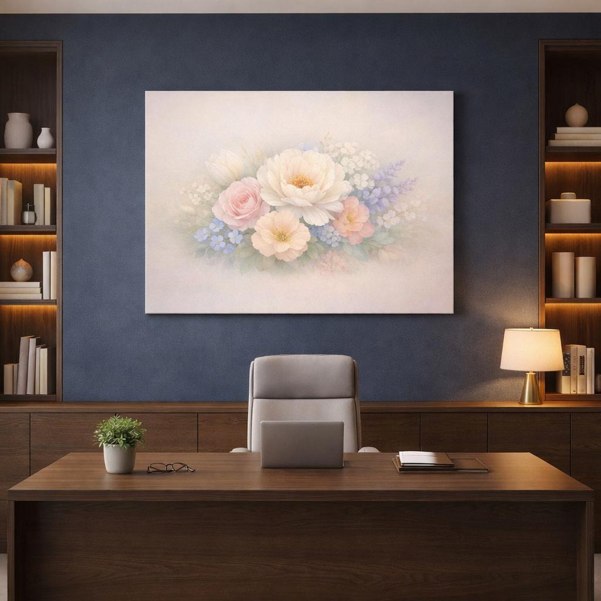 Refined Texture Pastel Flowers shown as canvas wall art in a refined dining room