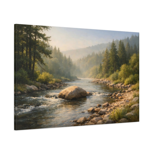 Main Mockup. Refined Texture River Forest shown as stretched canvas wall art