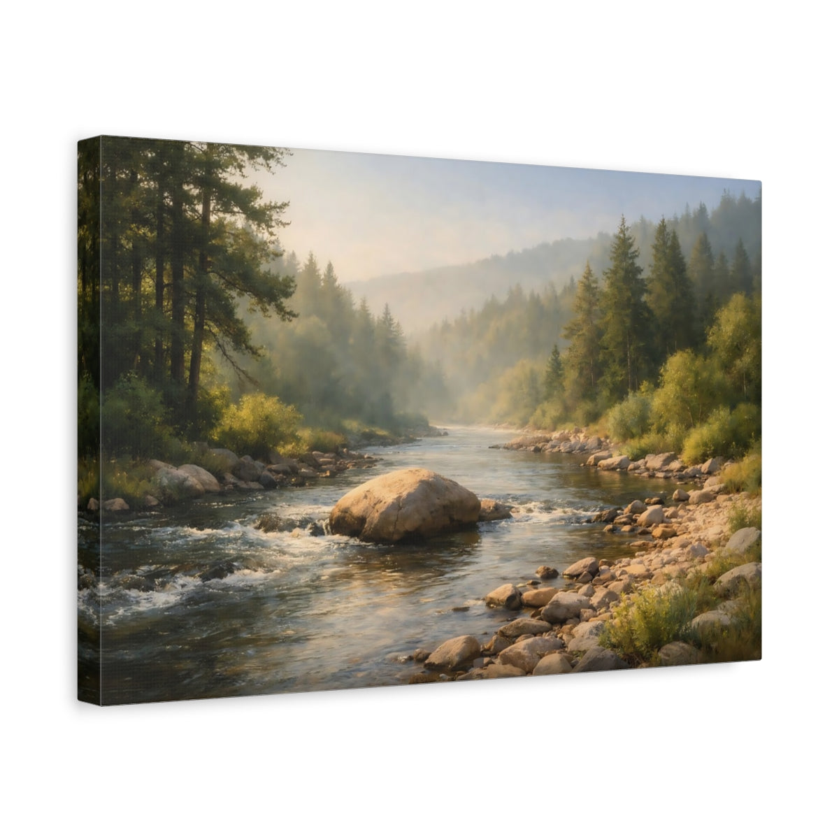 Side Mockup 4. Refined Texture River Forest shown as stretched canvas wall art
