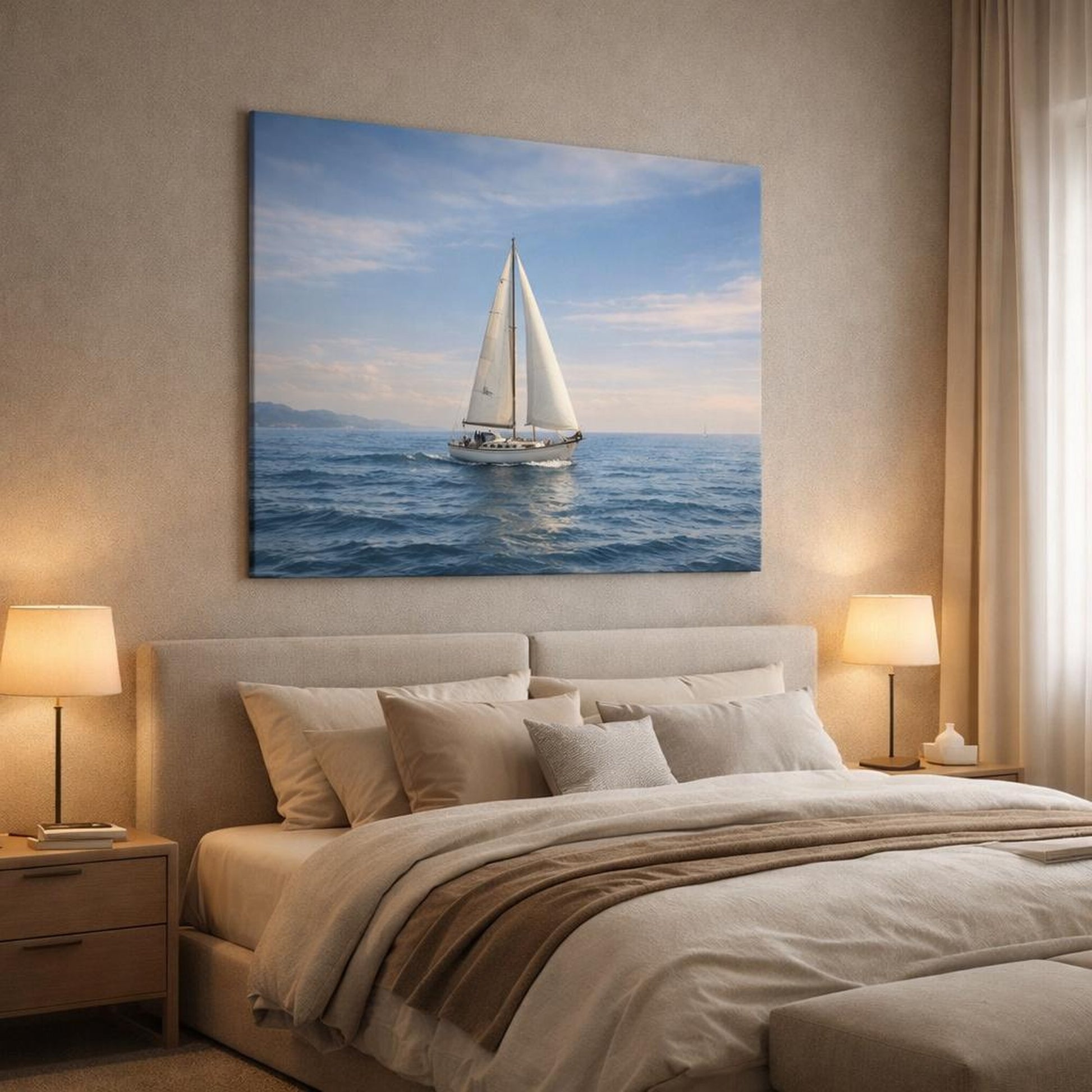 Refined Texture Sailboat Ocean shown as canvas wall art in a luxury bedroom