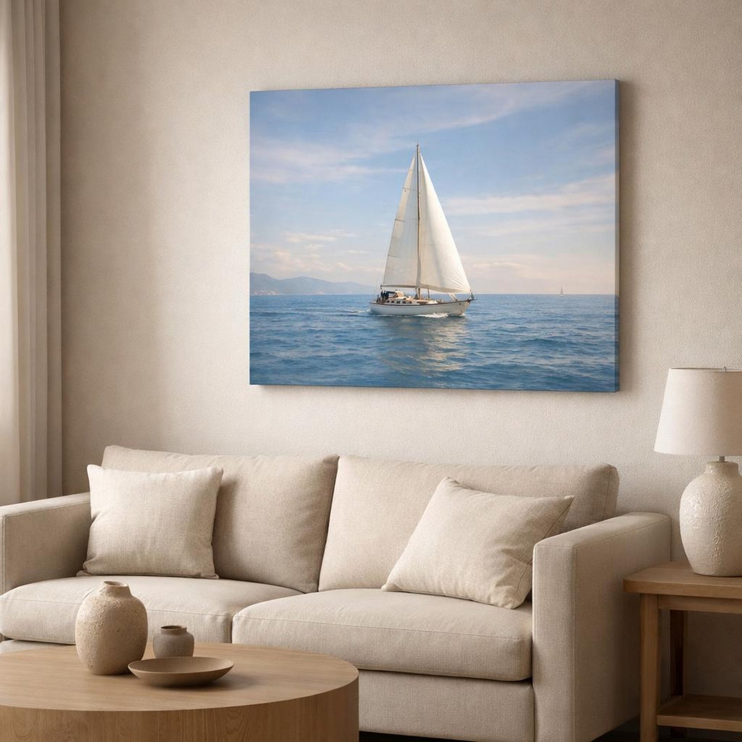 Refined Texture Sailboat Ocean shown as canvas wall art in a modern living room