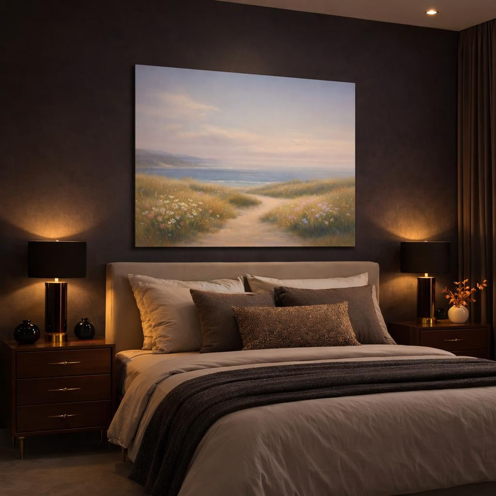Refined Texture Seaside Meadow shown as canvas wall art in a luxury bedroom