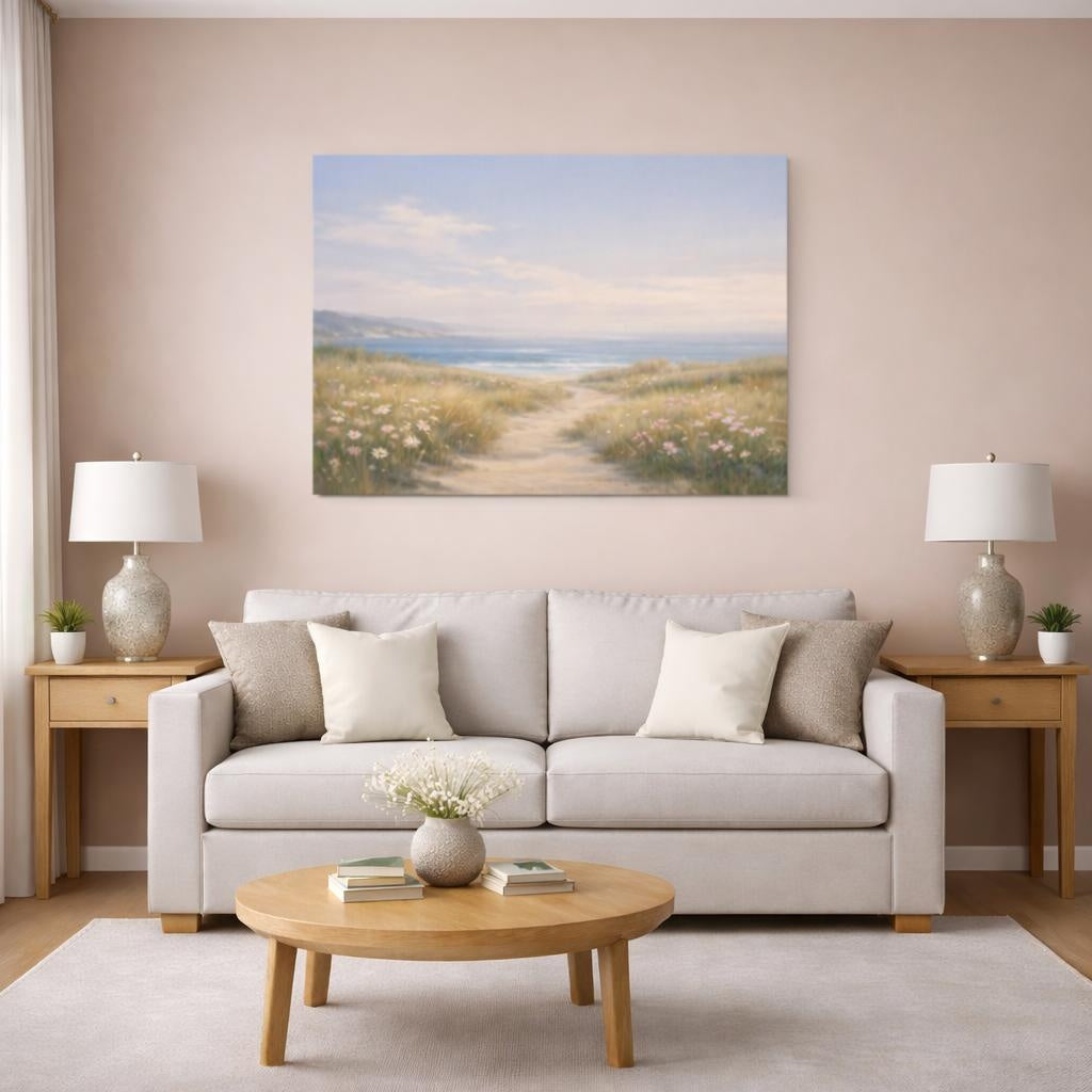 Refined Texture Seaside Meadow shown as canvas wall art in a modern living room