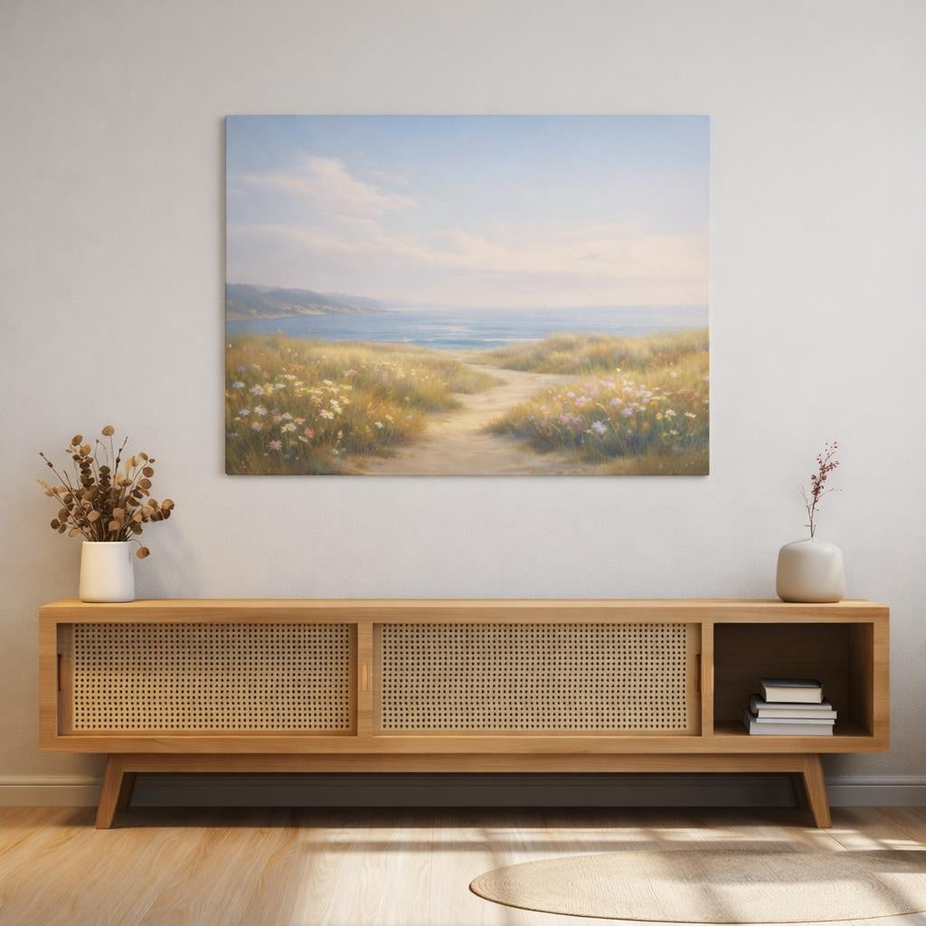 Refined Texture Seaside Meadow shown as canvas wall art in a luxury executive office